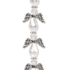 Bead, crystal and antique silver-plated "pewter" (zinc-based alloy), translucent clear AB, 17x14mm angel. Sold per pkg of 6.