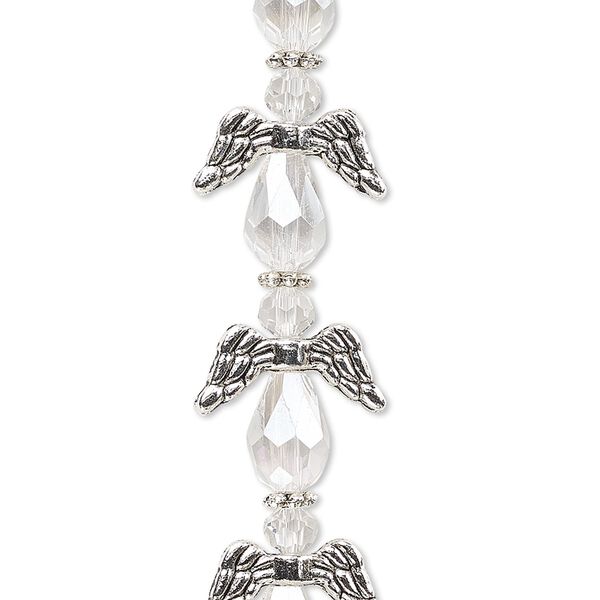 Bead, crystal and antique silver-plated "pewter" (zinc-based alloy), translucent clear AB, 17x14mm angel. Sold per pkg of 6. image number 0