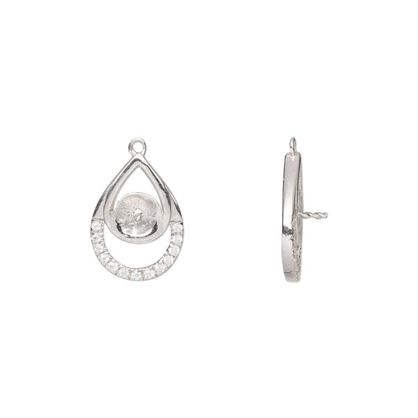 Drop, sterling silver and cubic zirconia, clear, 13.5x10mm teardrop with 5.5mm cup and 3mm peg, fits 6mm half-drilled bead. Sold individually. image number 0
