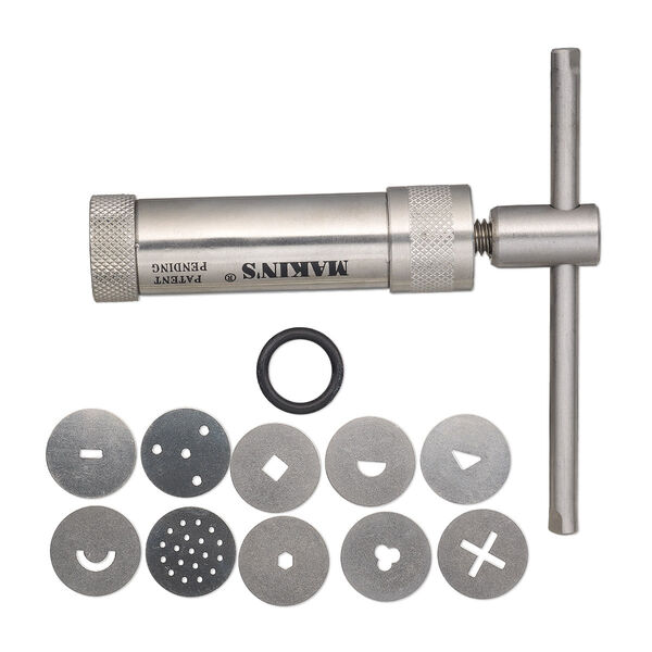Clay extruder, Makin's Professional® Ultimate Clay Extruder®, stainless steel and rubber, 4 x 7/8 inches with (10) 18mm design discs. Sold per 12-piece set. image number 0