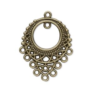 Focal, antique brass-plated "pewter" (zinc-based alloy), 33x25mm single-sided filigree teardrop, 10 loops. Sold per pkg of 20.
