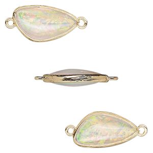 Link, Opalized Ice™, "opal" (resin) and gold-finished brass, white, 19.5x11mm double-sided wing. Sold per pkg of 4.