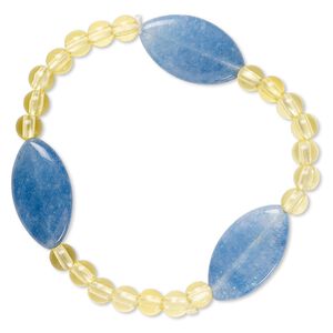 Bracelet, stretch, quartz (dyed) and acrylic, yellow and blue, 5mm round and 24x14mm-25x15mm puffed marquise, 6-1/2 inches. Sold individually.