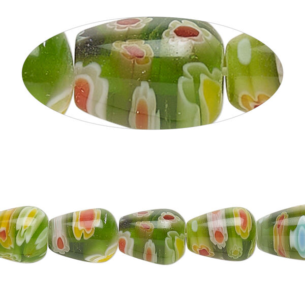 Bead, millefiori glass, translucent dark green and multicolored, 9x7mm-11x8mm teardrop. Sold per 14-inch strand. image number 0