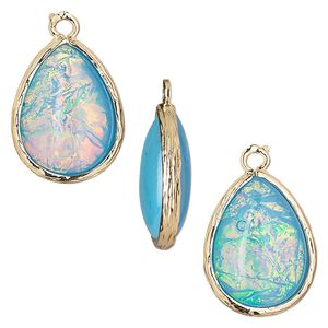 Drop, Opalized Ice™, "opal" (resin) and gold-finished brass, light blue, 19.5x15mm double-sided teardrop. Sold per pkg of 4.