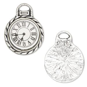 Charm, resin and antique silver-plated "pewter" (zinc-based alloy), white and black, 26x20mm single-sided pocket watch. Sold per pkg of 4.