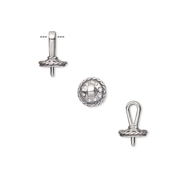 Bail, pendant, antiqued sterling silver, 8x6mm with 6mm cup and peg, fits 5-6mm bead. Sold per pkg of 2. image number 0