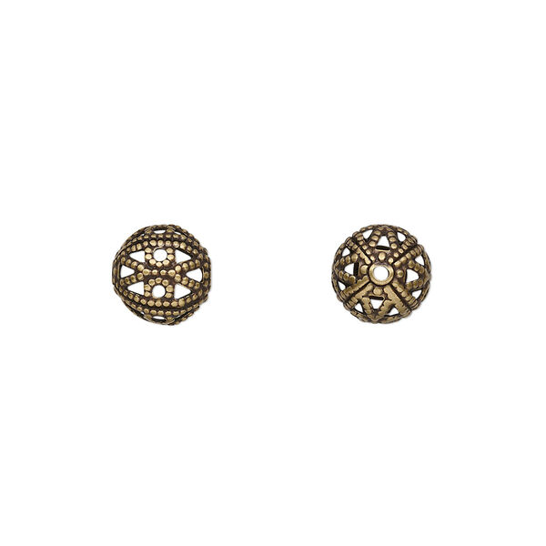 Bead, antique gold-plated brass, 8mm filigree round. Sold per pkg of 100. image number 0