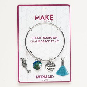 Bracelet and charm assortment, antique silver-finished brass and fabric, teal / blue / green, Mermaid theme, 7-1/2 inches. Sold per 5-piece set.