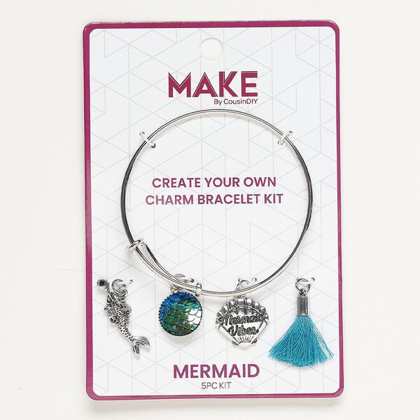 Bracelet and charm assortment, antique silver-finished brass and fabric, teal / blue / green, Mermaid theme, 7-1/2 inches. Sold per 5-piece set. image number 0