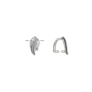 Bail, ice-pick, antiqued sterling silver, 9x5mm leaf, 5.5mm grip length. Sold per pkg of 2.