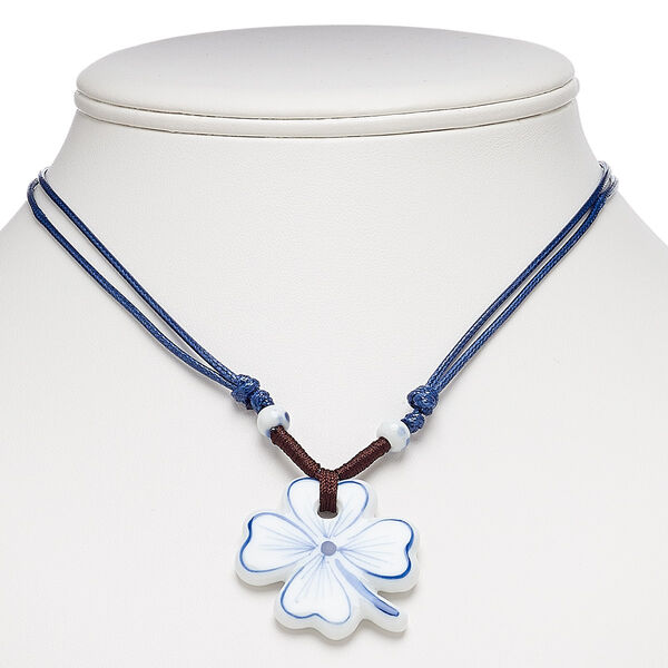 Necklace, porcelain and waxed cotton cord, blue / white / brown, 32x32mm clover, adjustable from 16-30 inches with macramé knot closure. Sold individually. image number 0