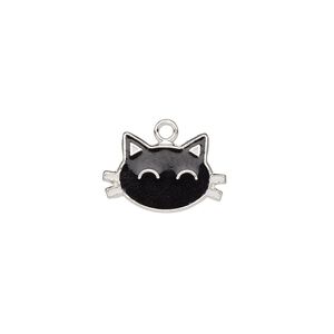 Charm, enamel and sterling silver, black and white, 14x9mm single-sided cat face. Sold individually.