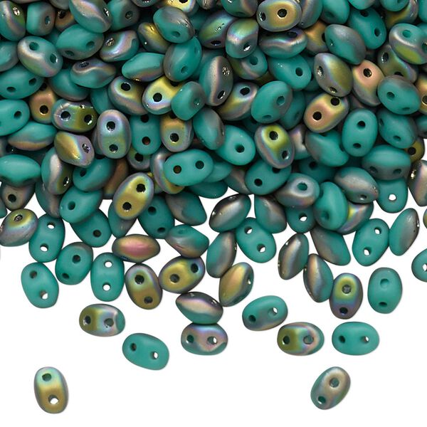 Bead, Preciosa Twin™, Pressed Twin, Czech pressed glass, opaque matte turquoise green half-coated vitrail, 5x2.5mm oval with (2) 0.7-0.8mm holes. Sold per 250-gram pkg. image number 0