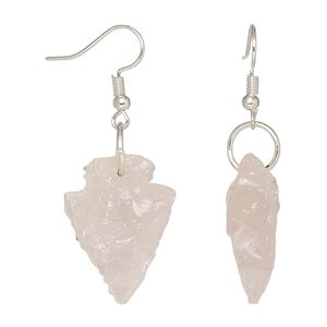 Earring, Everyday Jewelry, rose quartz and silver-finished brass, 25x14-35x20mm hand-knapped arrowhead with fishhook ear wire. Sold per pair.