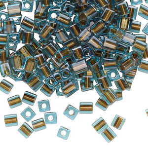 Seed bead, Miyuki 1pkg10g, glass, 3.5-3.7mm square, transparent metallic bronze inside dyed color aqua (SB-2642)