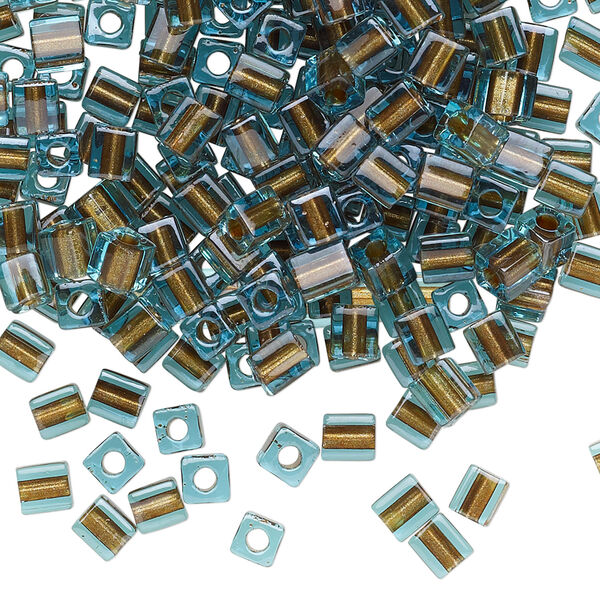 Seed bead, Miyuki 1pkg10g, glass, 3.5-3.7mm square, transparent metallic bronze inside dyed color aqua (SB-2642) image number 0