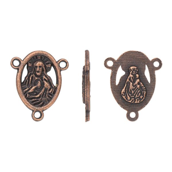 Connector, antique copper-plated "pewter" (zinc-based alloy), 16x12mm two-sided oval rosary with Sacred Heart of Jesus and Madonna with Christ Child. Sold per pkg of 10. image number 0