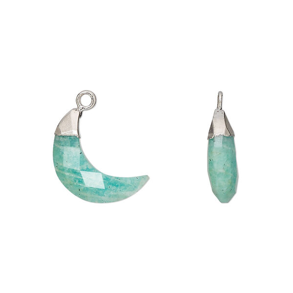 Drop. silver-plated amazonite (natural) and electroplated sterling silver, 15x13mm-15x14mm hand-cut double-sided faceted moon, Mohs hardness 6 to 6-1/2. Sold individually. image number 0
