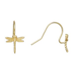 Ear wire fishhook 1pkg2 Amoracast® sterling silver, 13mm / 11x11mm dragonfly / open loop / satin finished, 20 gauge "vermeil" 1 pair