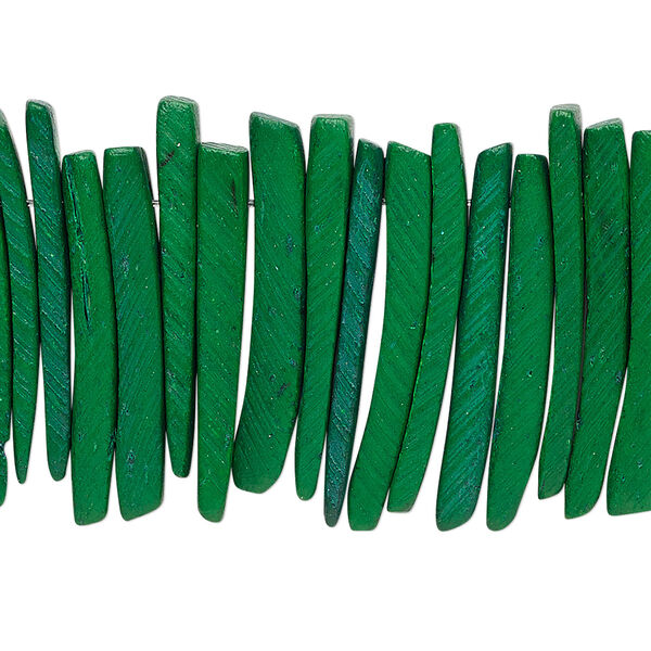 Bead, coconut palm wood (dyed / waxed), green, 25x4mm hand-cut top-drilled stick. Sold per 15-1/2" to 16" strand. image number 0