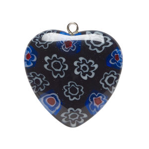Focal, millefiori glass and silver-finished steel 1pkg1, translucent dark cobalt blue / white / red, 29-30mm puffed heart.
