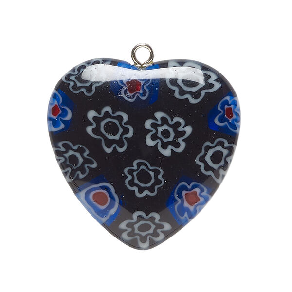 Focal, millefiori glass and silver-finished steel 1pkg1, translucent dark cobalt blue / white / red, 29-30mm puffed heart. image number 0