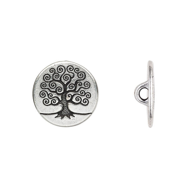Button, TierraCast®, antique silver-plated pewter (tin-based alloy), 16mm flat round with tree of life and loop. Sold per pkg of 2. image number 0