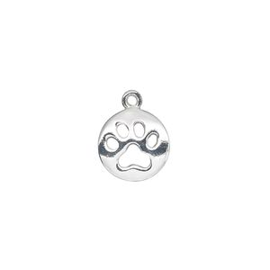 Charm, sterling silver, 12mm single-sided flat round with dog paw cutout. Sold individually.