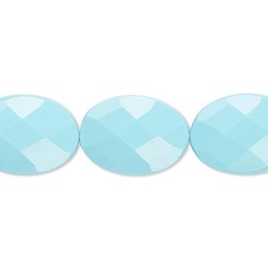 Bead, "turquoise" (resin) (imitation), blue, 18x13mm faceted flat oval. Sold per 8-inch strand, approximately 10 beads.