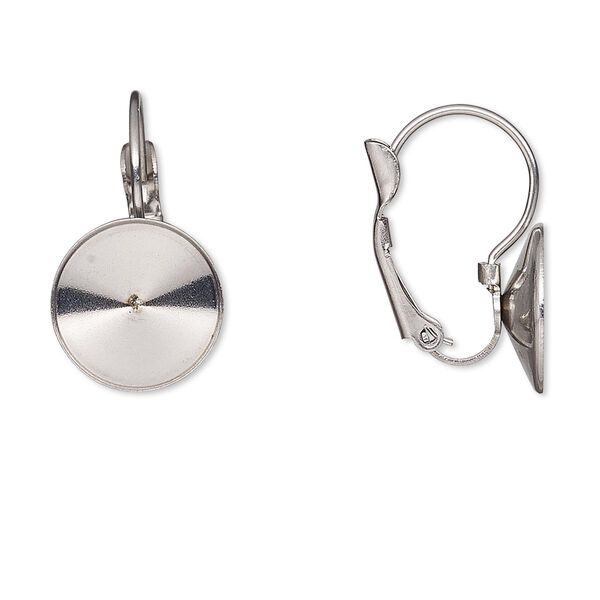Ear wire, Almost Instant Jewelry®, stainless steel, 21mm leverback with 12mm rivoli setting. Sold per pkg of 2 pairs. image number 0