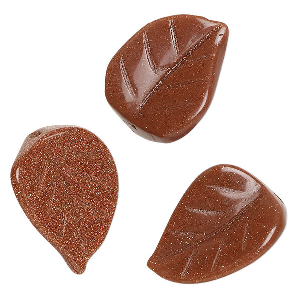 Bead, brown goldstone (glass) (manmade), 24x19mm single-sided carved leaf. Sold per pkg of 3. image number 0