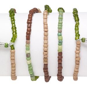 Bracelet mix, stretch, glass, greens and browns, #6 round with 45mm tassel, 7-1/2 inches. Sold per pkg of 5.