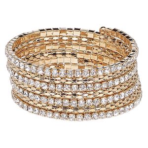 Bracelet, glass rhinestone with steel memory wire and gold-finished steel, clear, 27mm wide with cupchain and rounded diamond, adjustable from 7-1/2 to 8-1/2 inches. Sold individually.