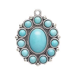 Drop, antique silver-finished "pewter" (zinc-based alloy) and "turquoise" (resin) (imitation), turquoise blue, 30x26mm single-sided oval. Sold per pkg of 2.