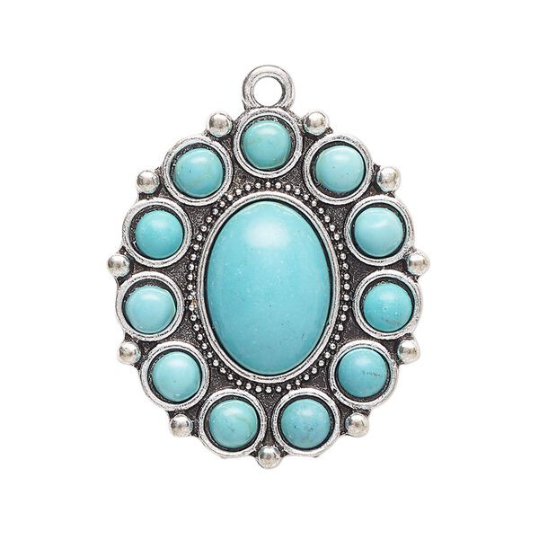 Drop, antique silver-finished "pewter" (zinc-based alloy) and "turquoise" (resin) (imitation), turquoise blue, 30x26mm single-sided oval. Sold per pkg of 2. image number 0