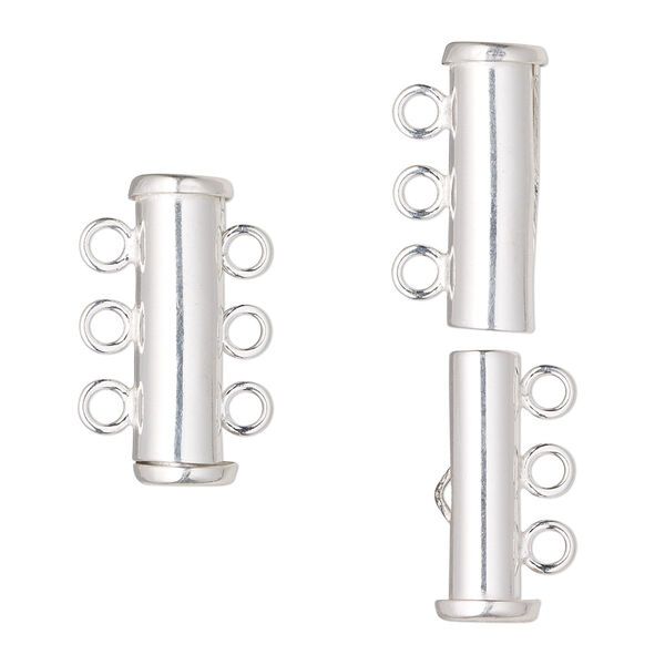 Clasp, 3-strand slide lock, sterling silver, 22x6mm tube. Sold individually. image number 0