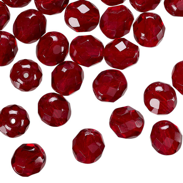 Bead 1pkg50 Czech fire-polished glass, translucent garnet red, 8mm faceted round. image number 0