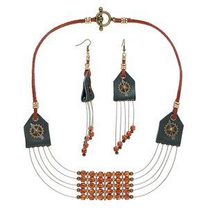 Necklace and earring set, One of a Kind Jewelry, glass / leather / brass, green / brown / orange, 18 inches with fishhook ear wire. Only one available.