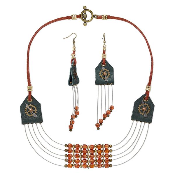 Necklace and earring set, One of a Kind Jewelry, glass / leather / brass, green / brown / orange, 18 inches with fishhook ear wire. Only one available. image number 0