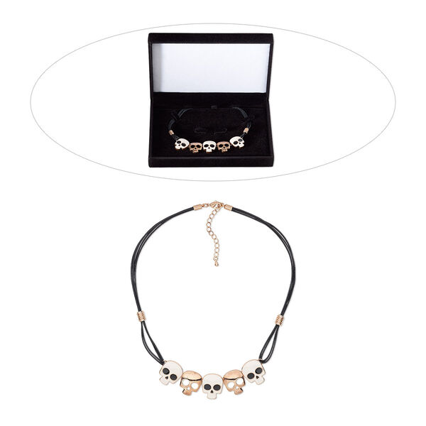 Necklace, enamel / organza ribbon / waxed cotton cord / rose gold-finished brass / steel / "pewter" (zinc-based alloy), black and white, 16 inches with 2-inch extender chain and lobster claw clasp. Sold individually. image number 0