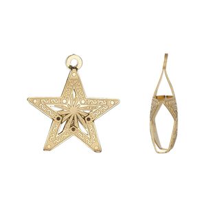 Charm, gold-finished stainless steel, 19.5x18mm double-sided domed star with textured cut-out nautical star design. Sold per pkg of 6.