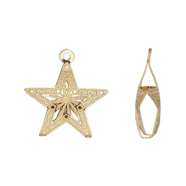Charm, gold-finished stainless steel, 19.5x18mm double-sided domed star with textured cut-out nautical star design. Sold per pkg of 6. image number 0