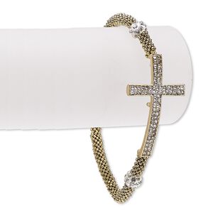 Bracelet, stretch, Czech glass rhinestone / epoxy / antique gold-finished "pewter" (zinc-based alloy), white and clear, 23mm wide with 37x23mm cross, 6 inches. Sold individually.