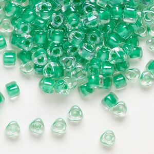 Seed bead, Miyuki 1pkg10g, glass, #5 triangle, transparent kelly green inside dyed color clear (TR-1130)