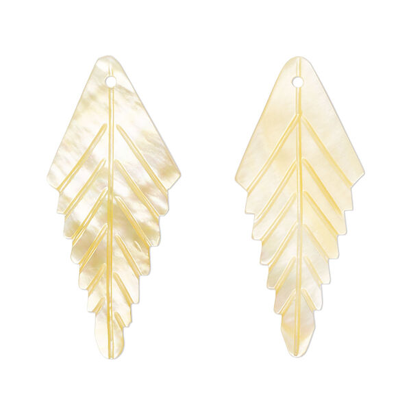Focal, gold lip shell (natural), 33x14mm hand-cut top-drilled single-sided carved leaf, Mohs hardness 3-1/2. Sold per pkg of 2. image number 0