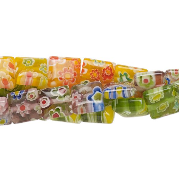 Bead 1pkg3 millefiori glass, translucent multicolored, 7-9mm puffed square with flower design, 14-inch strand. image number 0