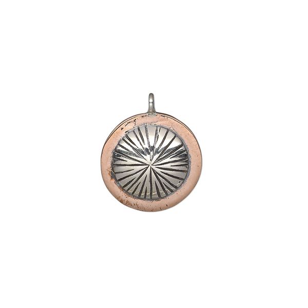 Drop, antiqued sterling silver and copper, 15mm single-sided round shield with textured silver domed center. Sold individually. image number 0
