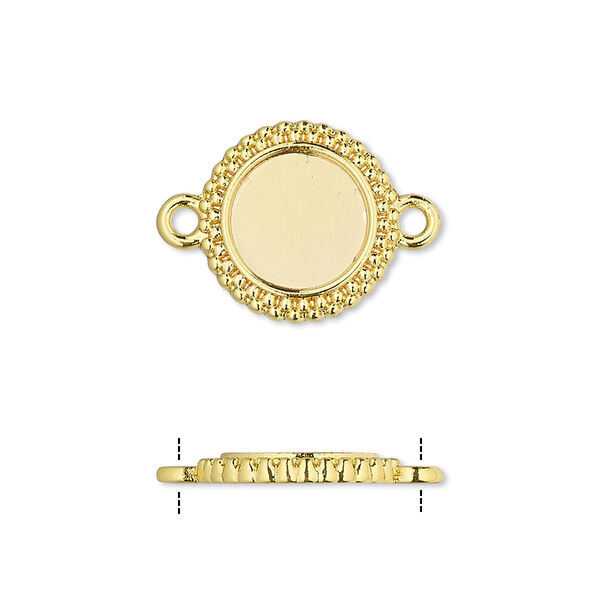 Link, gold-finished brass, 15mm single-sided beaded round with 10mm round setting. Sold per pkg of 10. image number 0