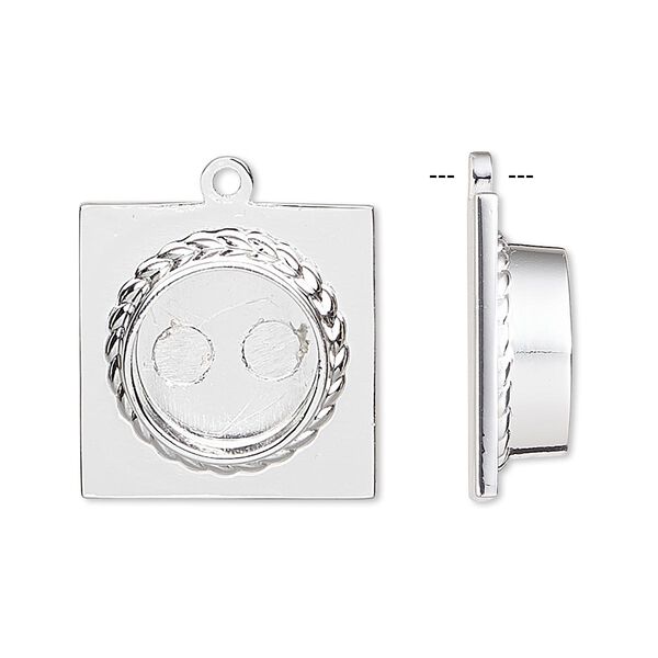 Drop, silver-plated "pewter" (zinc-based alloy), 20x20mm square with 12mm non-calibrated round setting. Sold per pkg of 2. image number 0